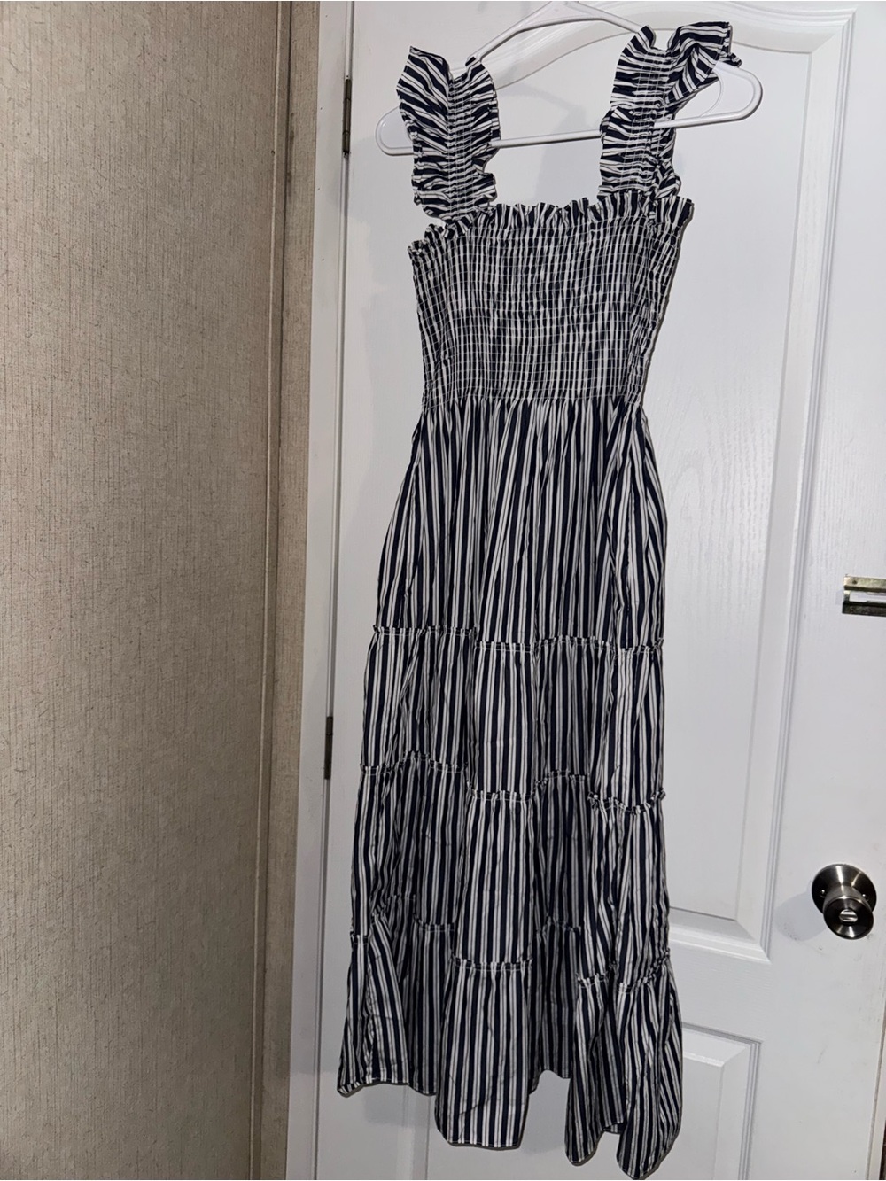 Hill House Black and White Striped Smocked Maxi Dress with Ruffle Straps